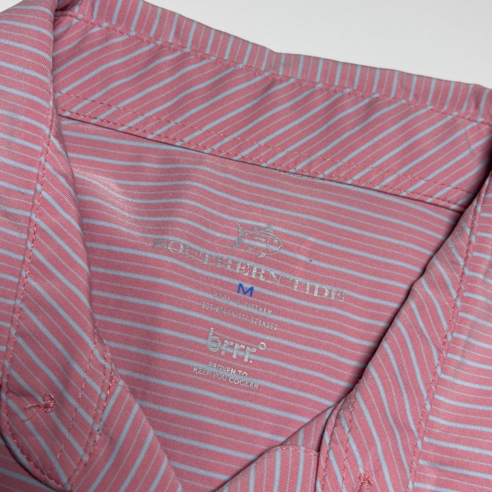 Southern Tide Performance Polo Men's Medium Shirt Pink Blue Striped Golf Polo - Picture 7 of 8